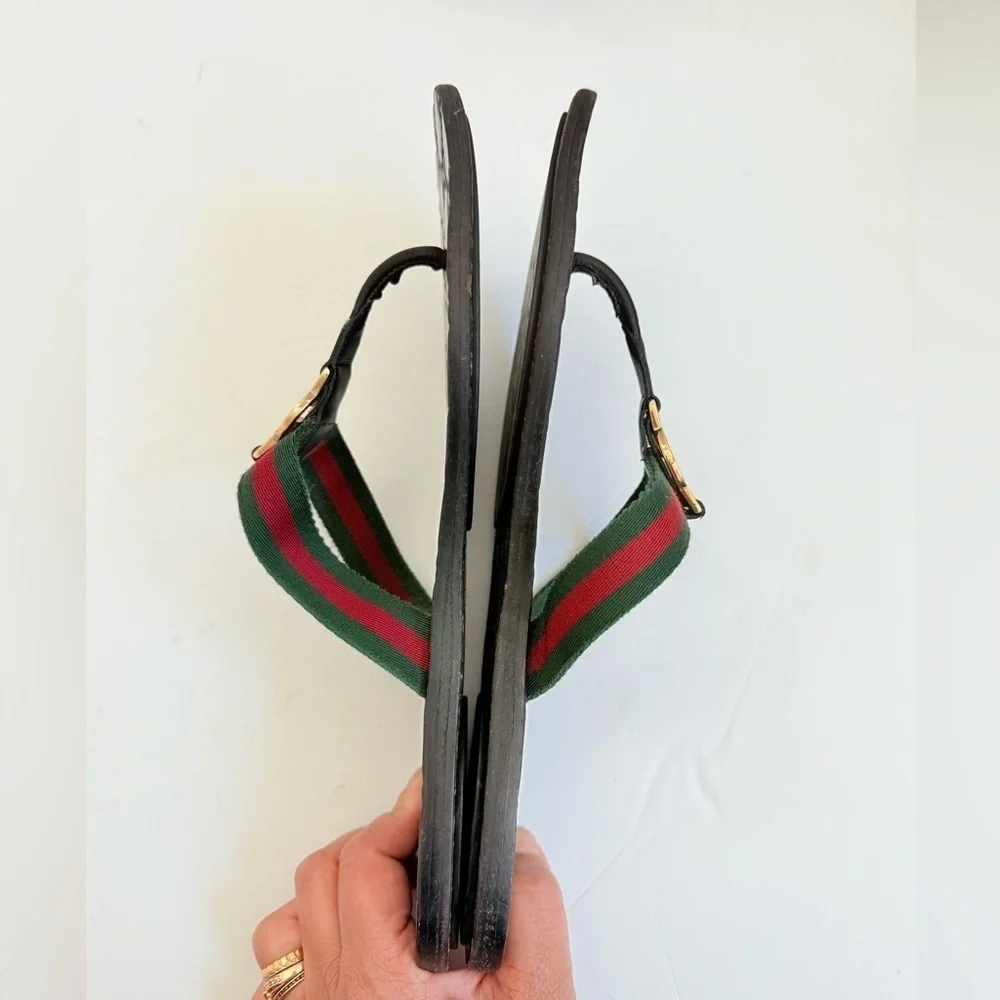 Gucci Black Red Green Leather Fabric GG web Thong flat sandals EU 39.5